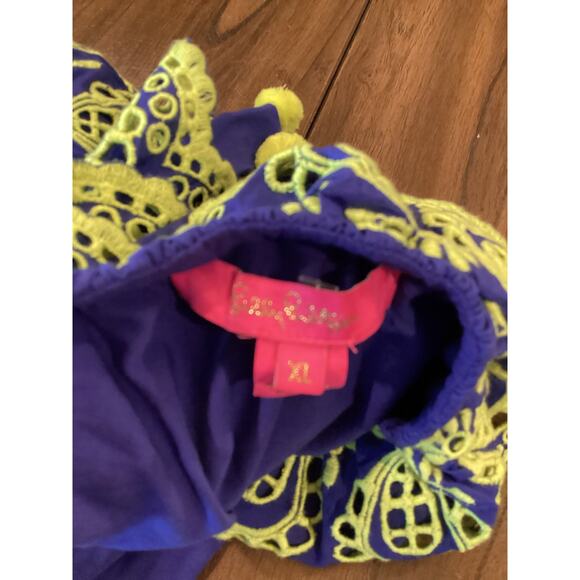 Lilly Pulitzer Idara One Shoulder Ruffle Mini Dress Corsica Blue Embroidered Pom - Picture 5 of 8